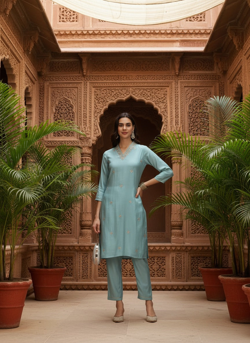 Sky Blue Dori Embroidered 3-Piece Roman Silk Kurta Set LP- 48Hr Delivery