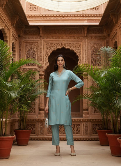 Sky Blue Dori Embroidered 3-Piece Roman Silk Kurta Set LP- 48Hr Delivery