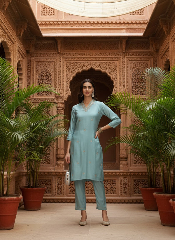 Sky Blue Dori Embroidered 3-Piece Roman Silk Kurta Set LP- 48Hr Delivery