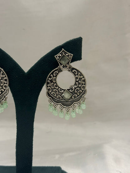 Oxidised Metal Circular Hanging Earrings with Beads