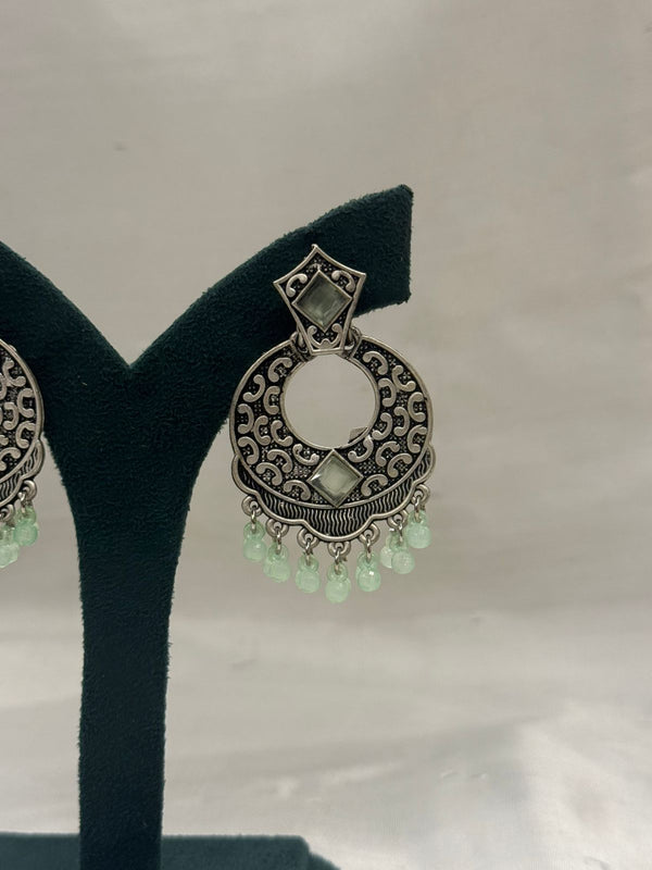 Oxidised Metal Circular Hanging Earrings with Beads