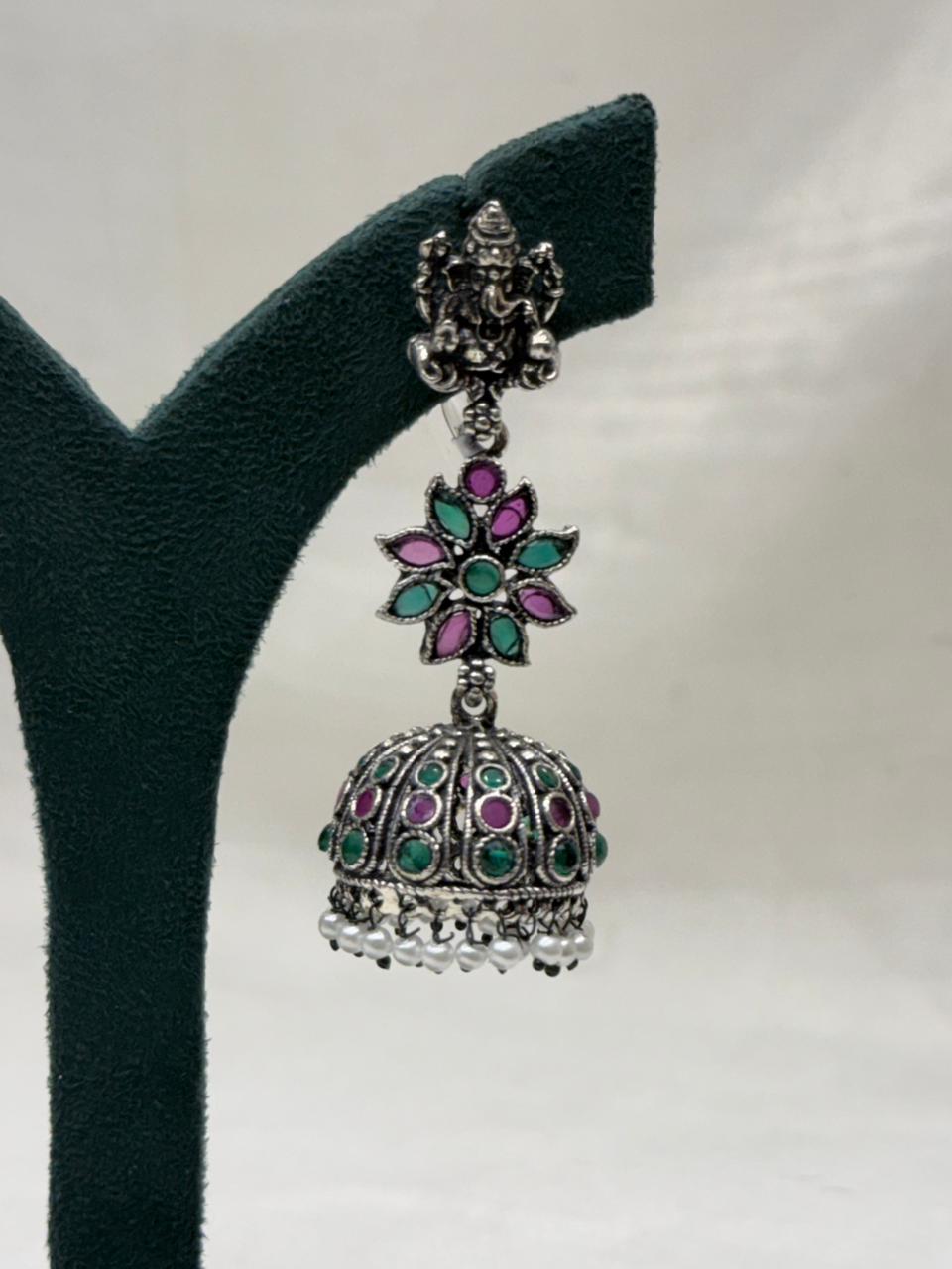 Oxidized Silver Floral Jhumka Earrings with Turquoise & Pink Stones