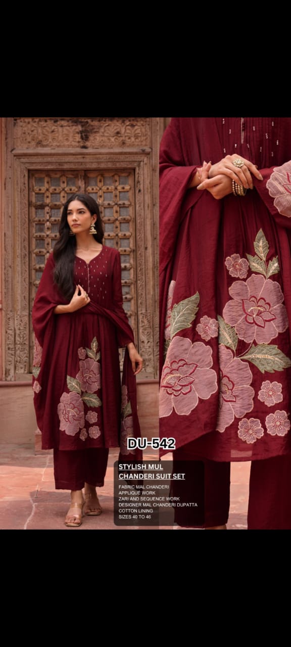 Reeval Mul Chanderi 3Pcs Suit Set Burgundy-48Hr Delivery