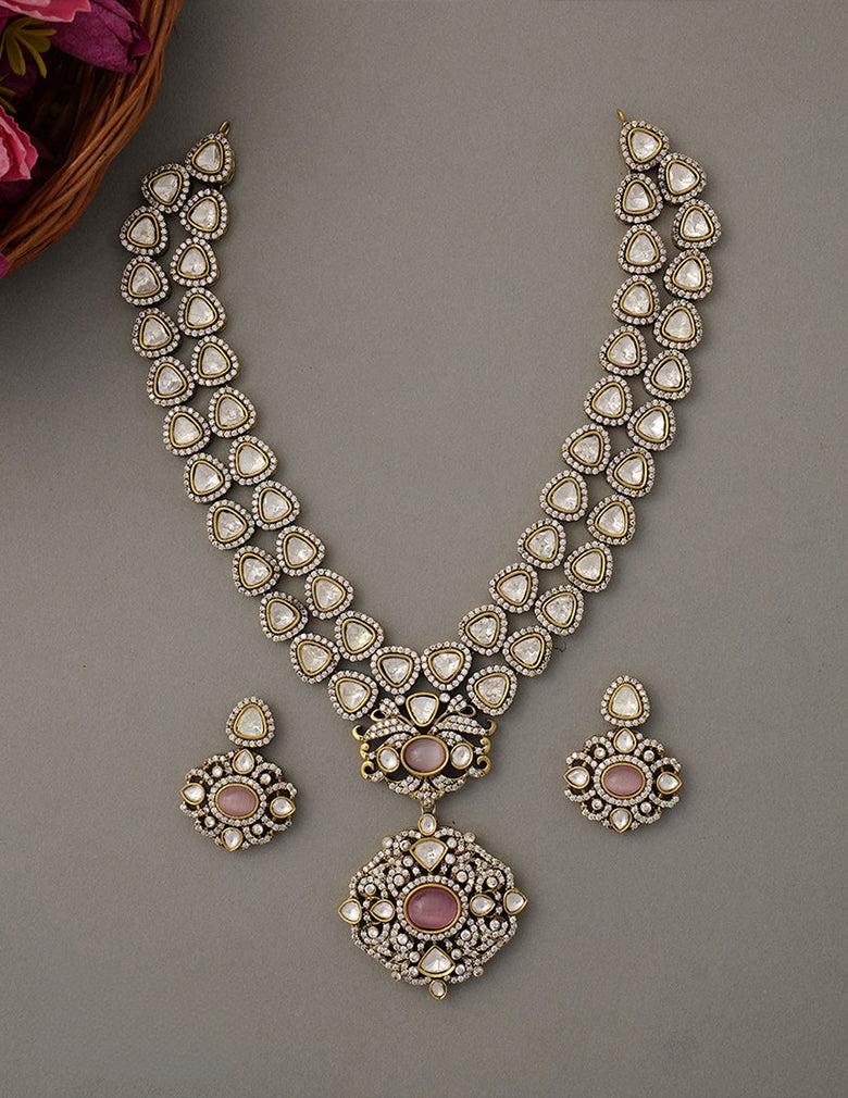 Polki Kundan Ad Stone Pendant Necklace Earrings Jewellery Set