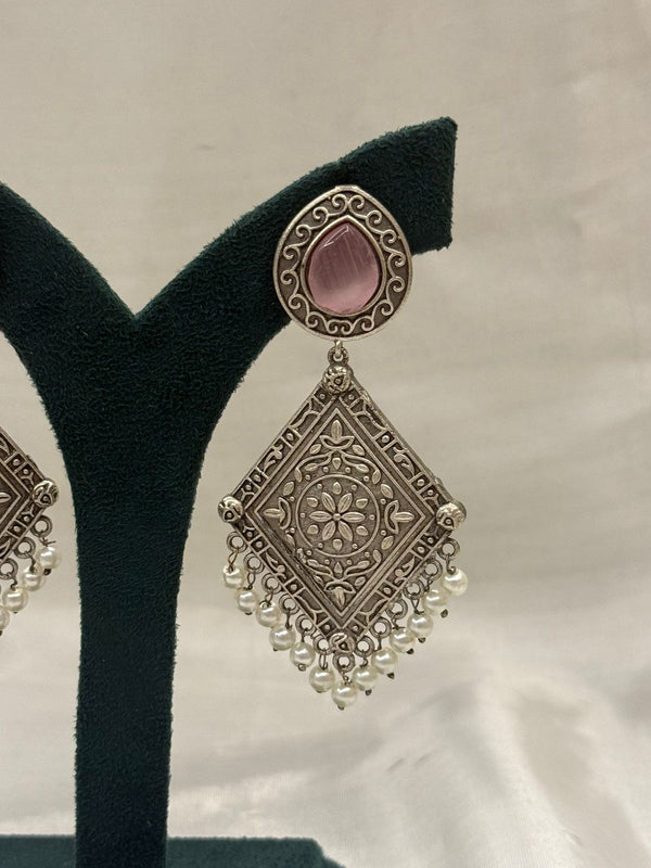 Oxidized Silver Teardrop Pink Stone Earrings with Pearl Fringe