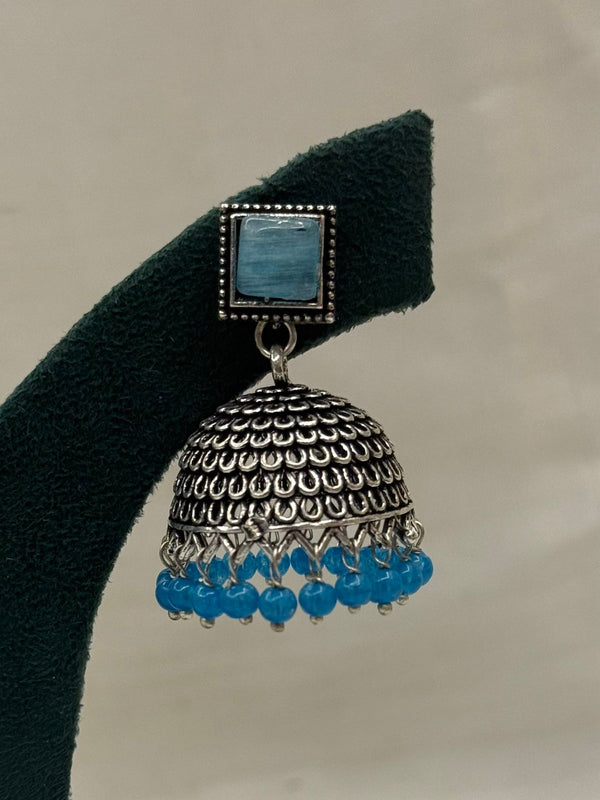Oxidised Metal Jhumka Earrings with Blue Stone and Beads