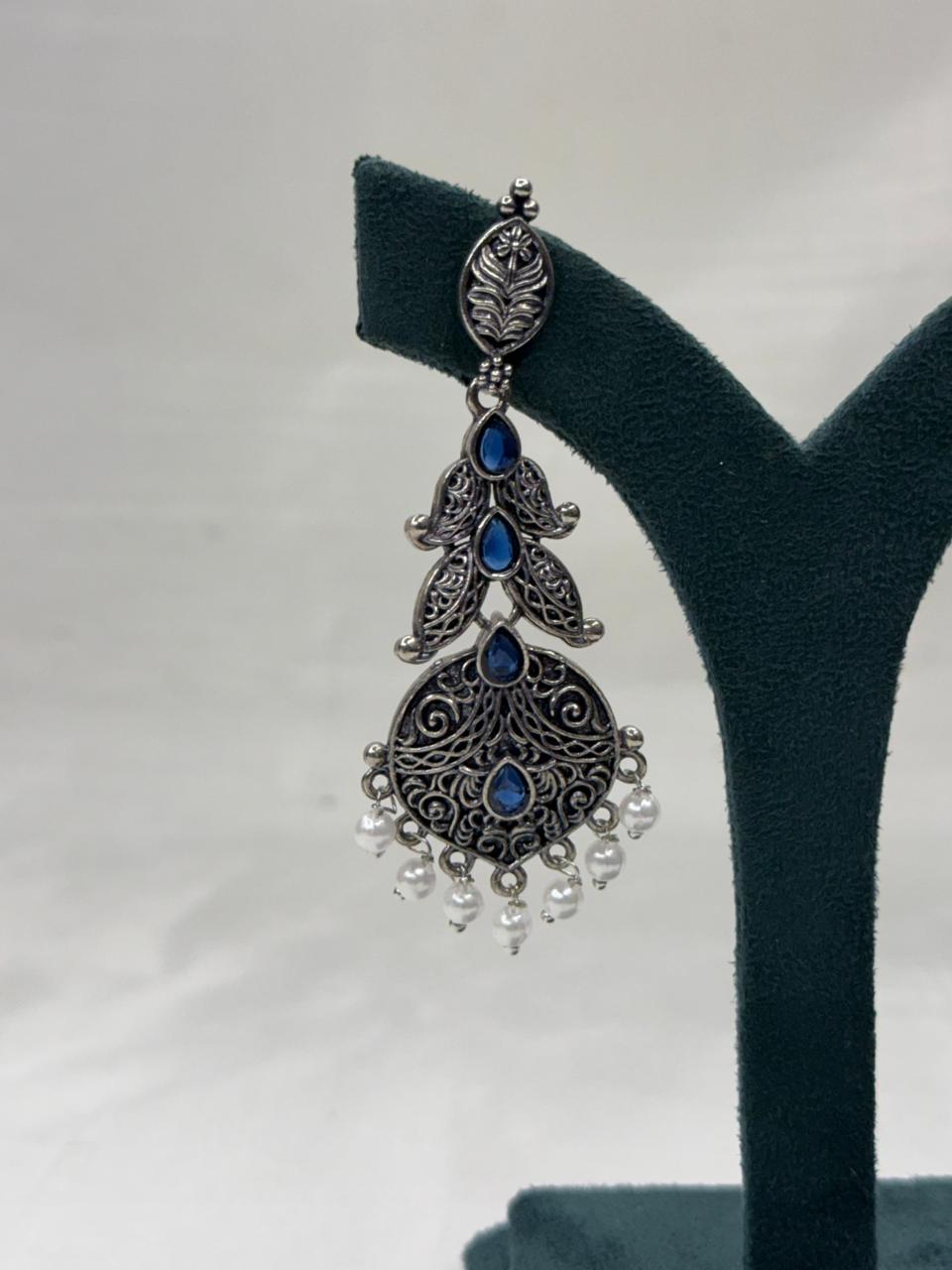 Oxidised Metal Peacock Design Earrings with Blue Stone