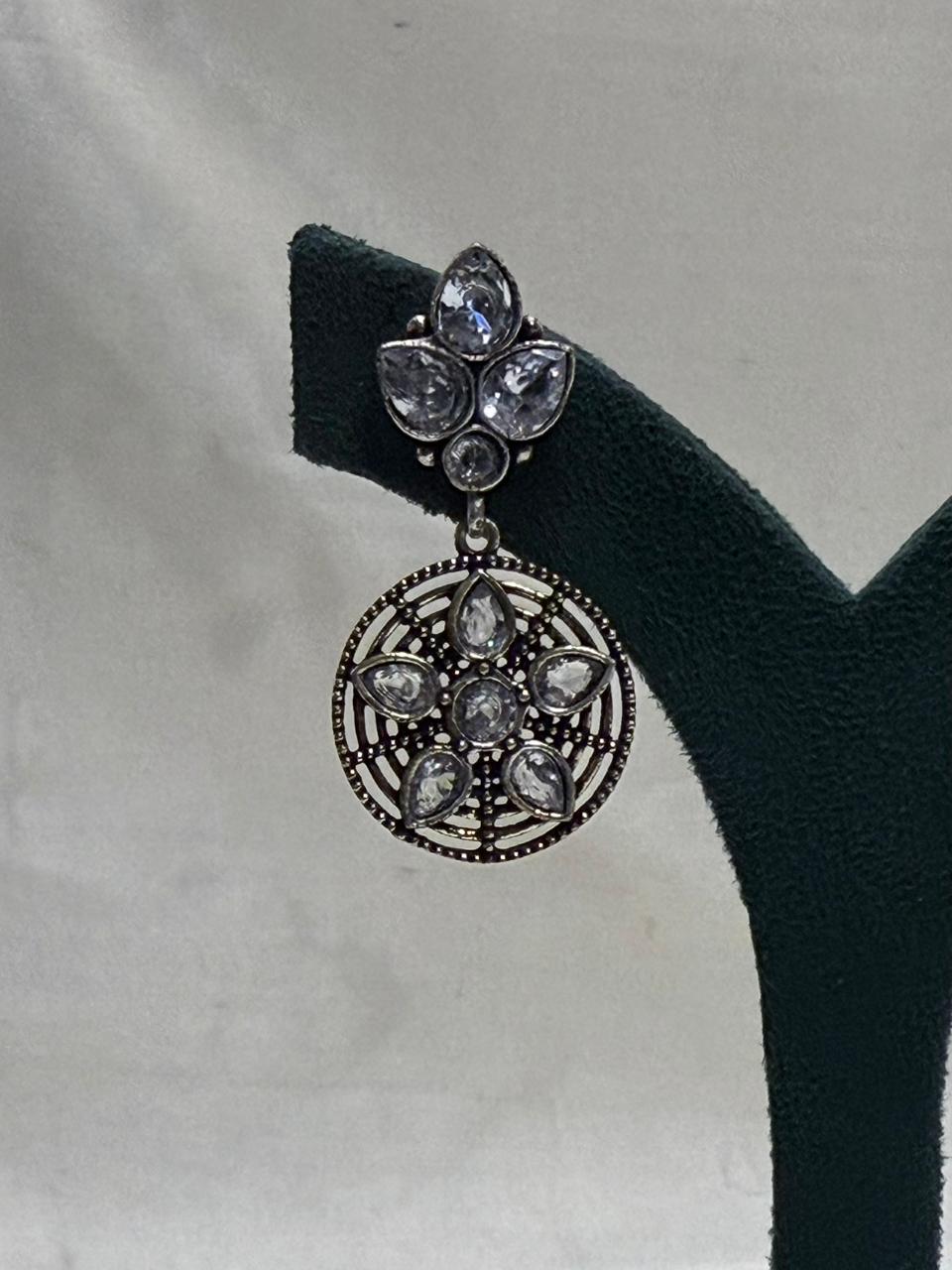 Polki Stone Oxidised Metal Circular Hanging Earrings