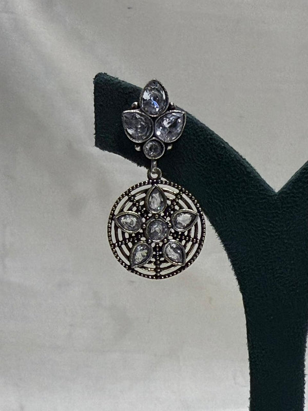 Polki Stone Oxidised Metal Circular Hanging Earrings