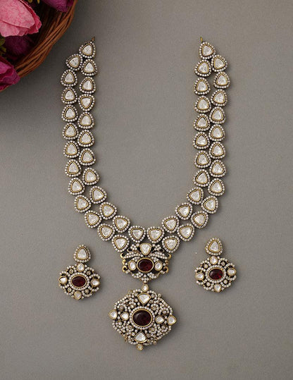Polki Kundan Ad Stone Pendant Necklace Earrings Jewellery Set