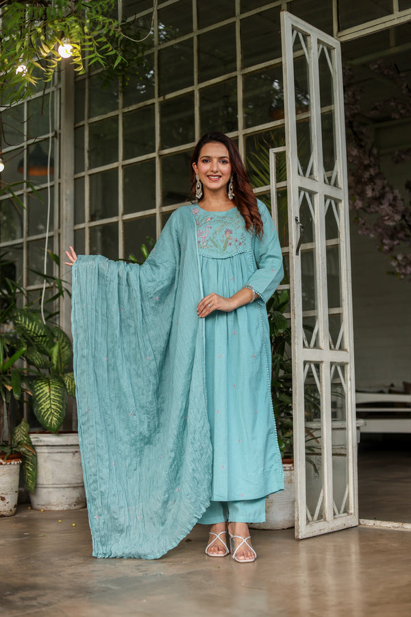 Elegant Teal Cotton Flex Kurta 3-Piece Set