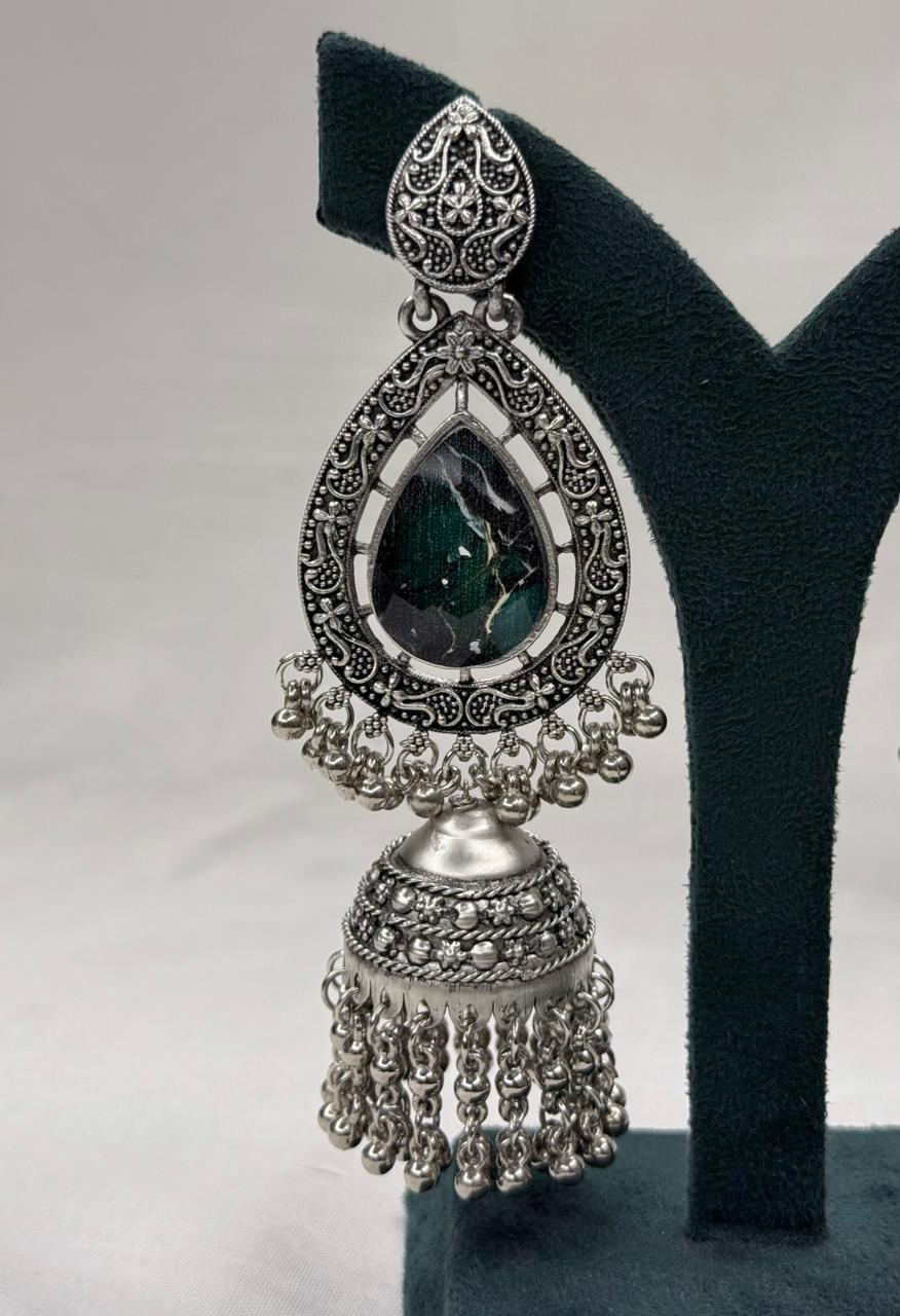 Oxidized Silver Teardrop & Jhumka Drop Earrings Emerald Green