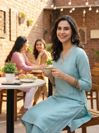 Sky Blue Dori Embroidered 3-Piece Roman Silk Kurta Set LP- 48Hr Delivery