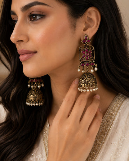 Pink Floral Jhumka Dangler Earrings – Antique Henna-Tone Finish
