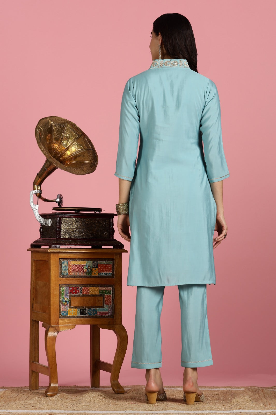 Sky Blue Dori Embroidered 3-Piece Roman Silk Kurta Set LP- 48Hr Delivery