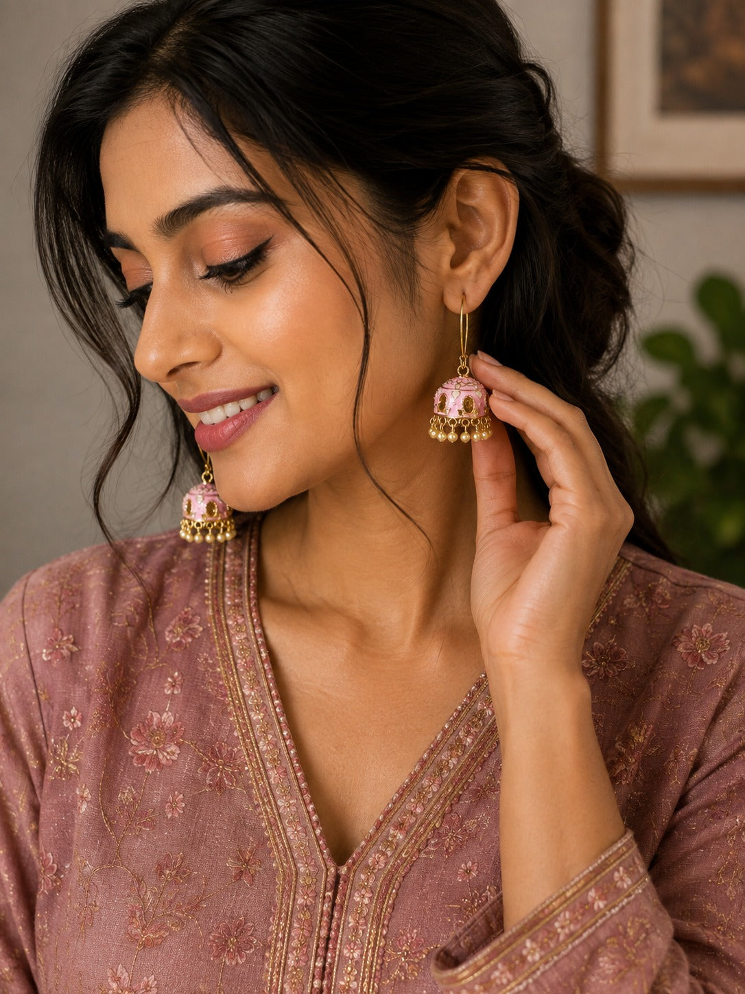 Pink Floral Jhumka Earrings with Pearl-Style Drops