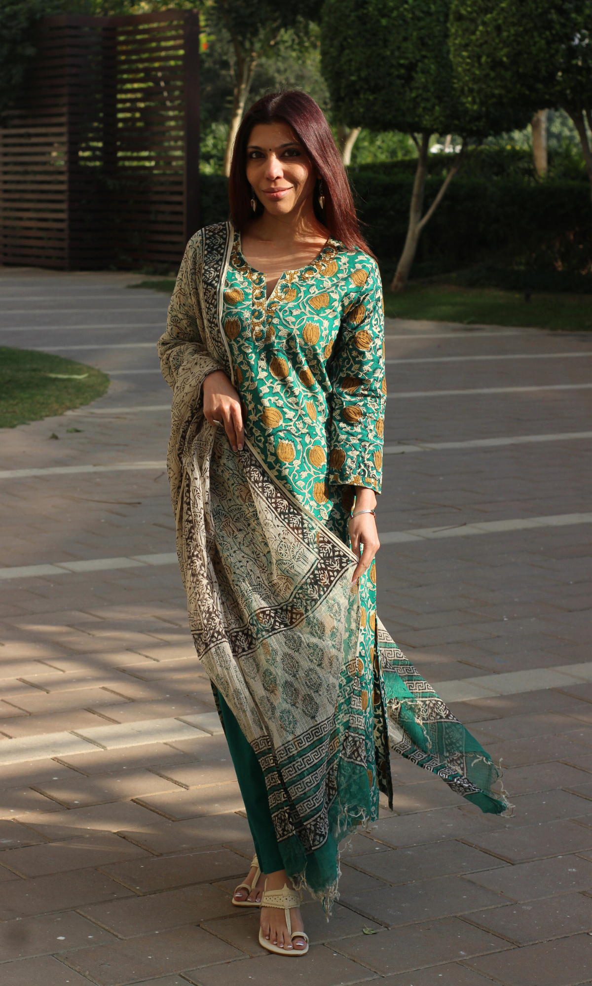Baareeki Cotton Green Handblock Kalamkari Print Suit with Kota Doria Dupatta