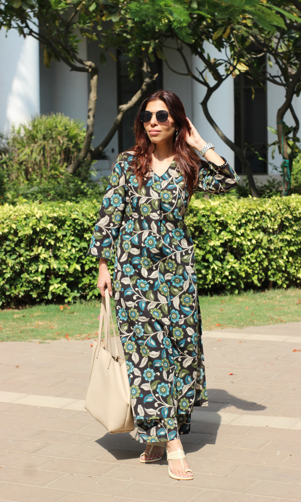 Baareeki Cotton Black Kalamkari leaf Print Pleated Kurta & Pant