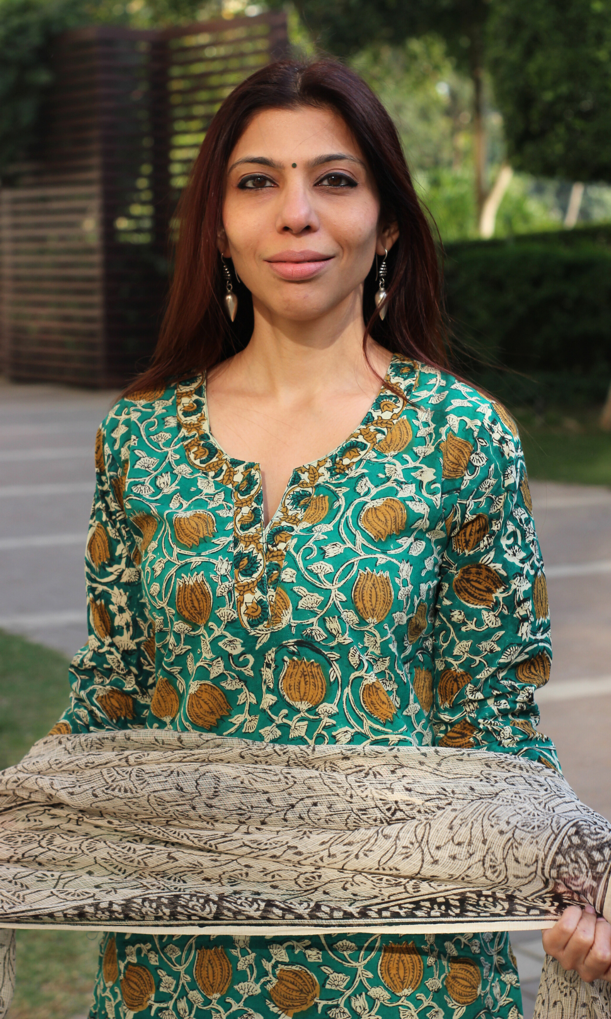 Baareeki Cotton Green Handblock Kalamkari Print Suit with Kota Doria Dupatta
