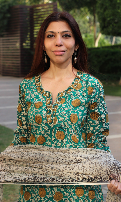 Baareeki Cotton Green Handblock Kalamkari Print Suit with Kota Doria Dupatta