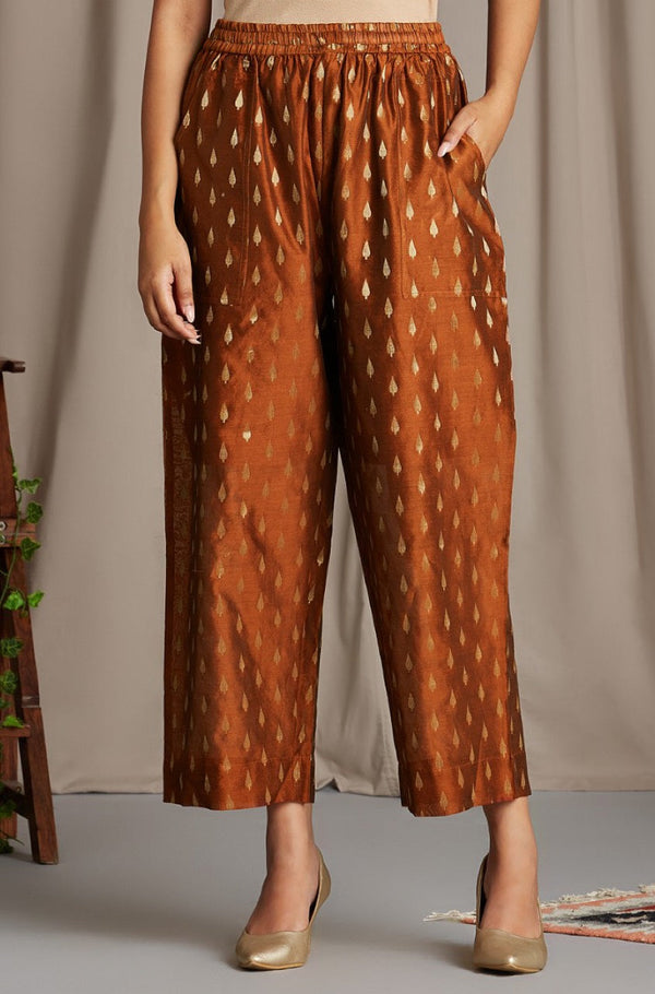 Maati Craft comfort fit cotton pants - earth brown & chanderi
