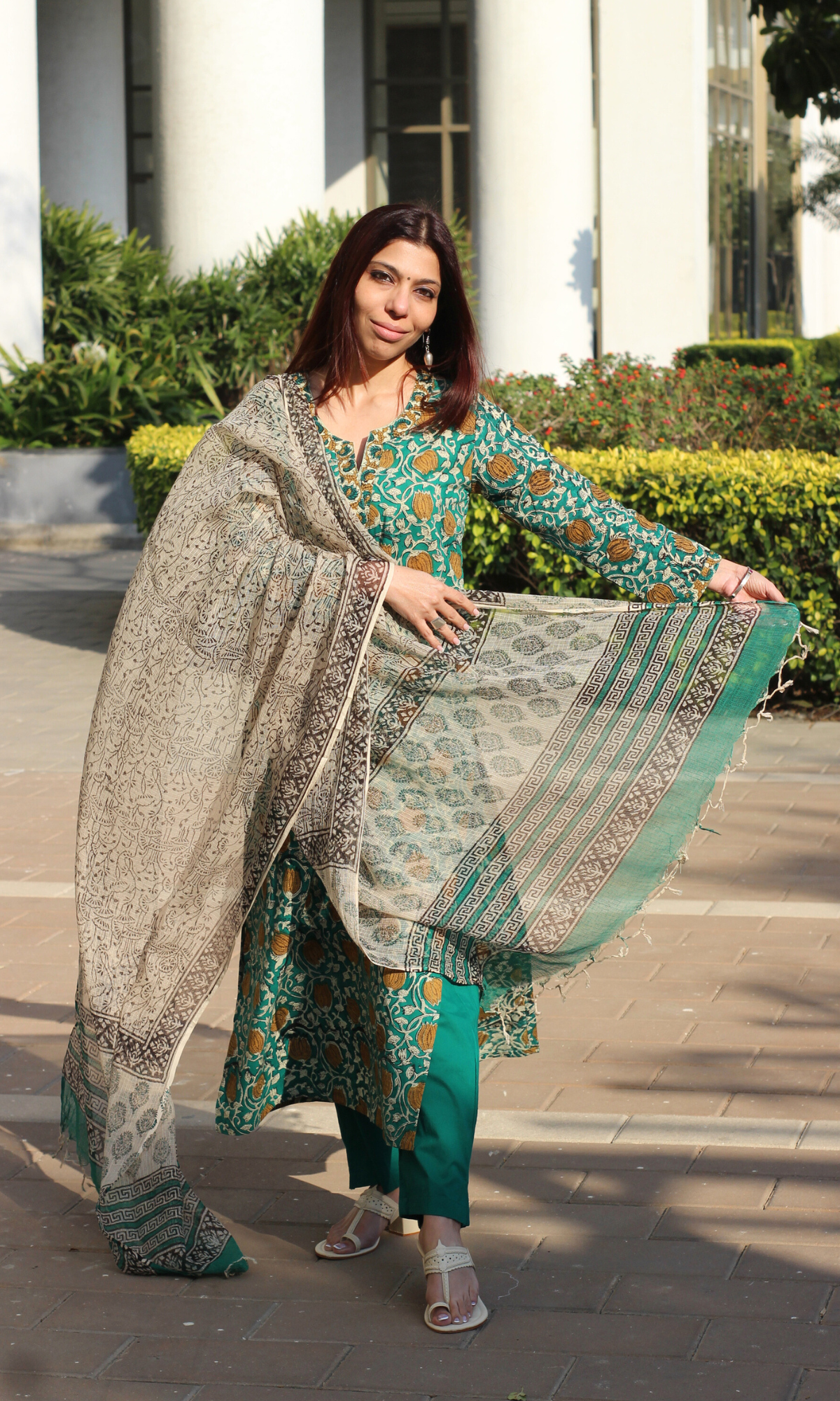 Baareeki Cotton Green Handblock Kalamkari Print Suit with Kota Doria Dupatta