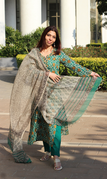 Baareeki Cotton Green Handblock Kalamkari Print Suit with Kota Doria Dupatta