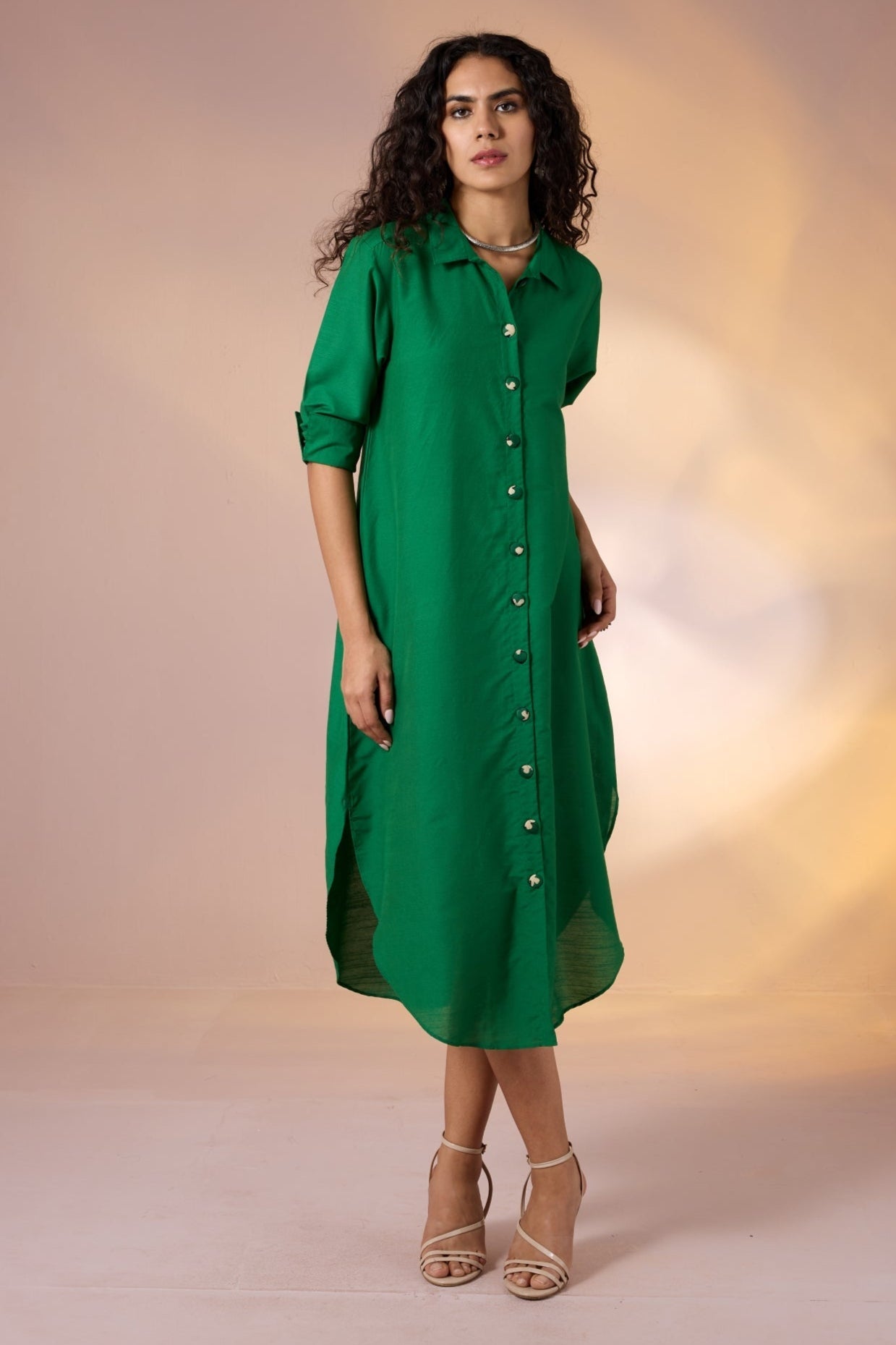 Maati Craft Parakeet Tint Silk Slub Long Shirt Dress