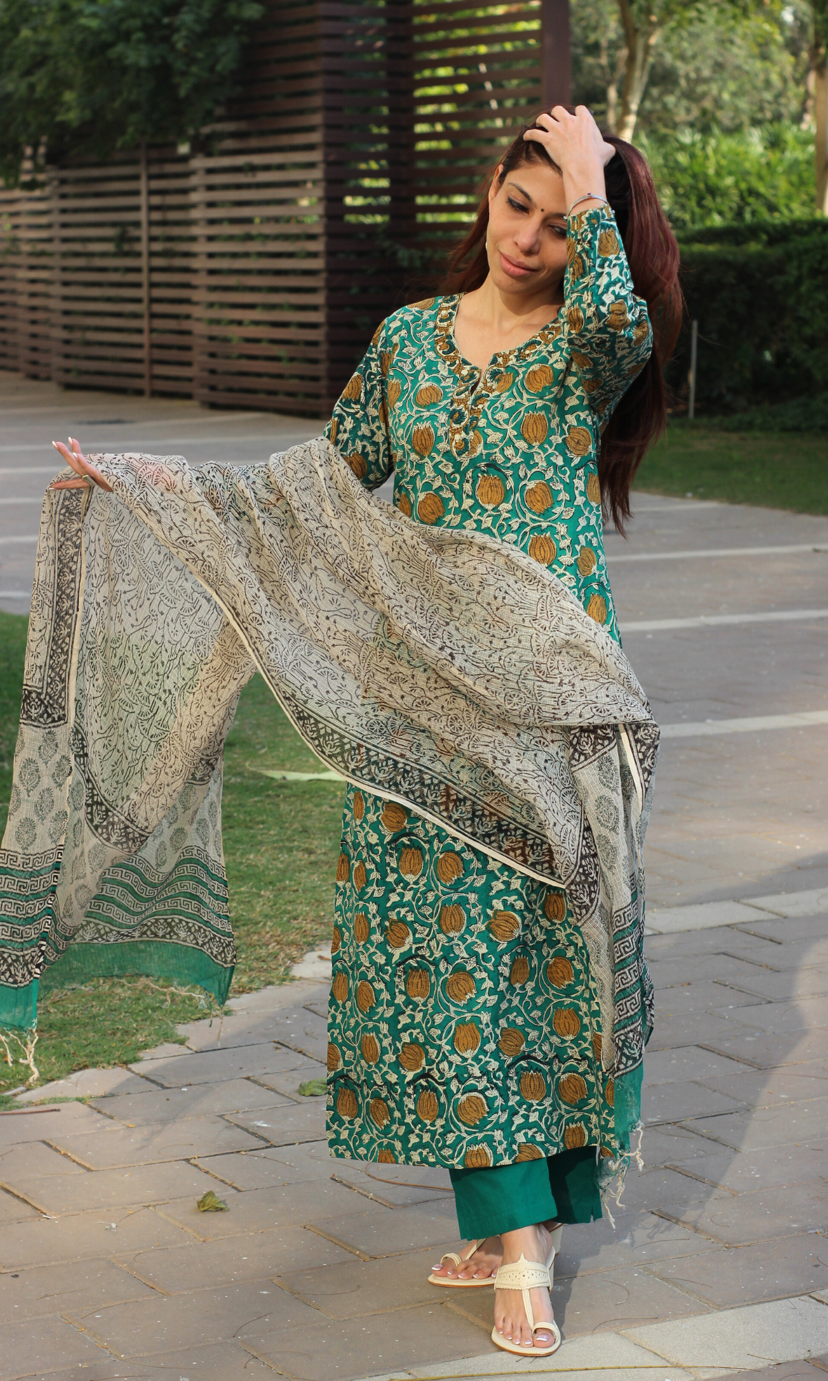 Baareeki Cotton Green Handblock Kalamkari Print Suit with Kota Doria Dupatta