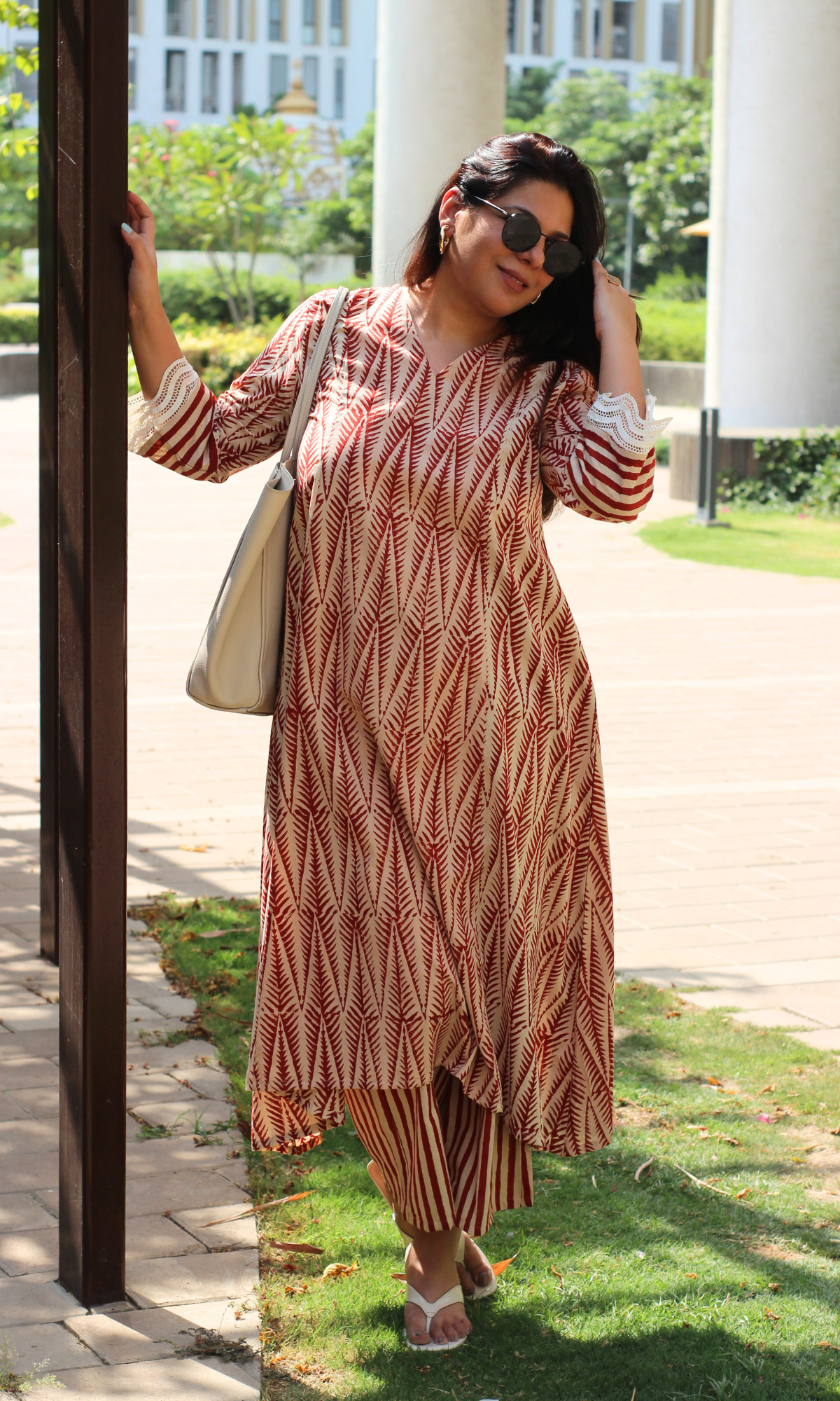 Baareeki Cotton Handblock Red Leafline A line , Laced Sleeve Kurta with Pants
