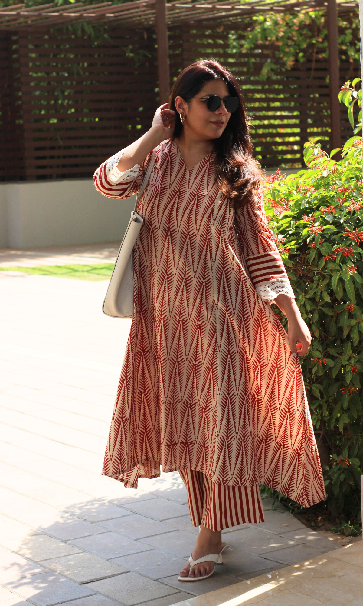 Baareeki Cotton Handblock Red Leafline A line , Laced Sleeve Kurta with Pants
