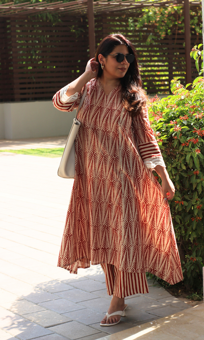 Baareeki Cotton Handblock Red Leafline A line , Laced Sleeve Kurta with Pants