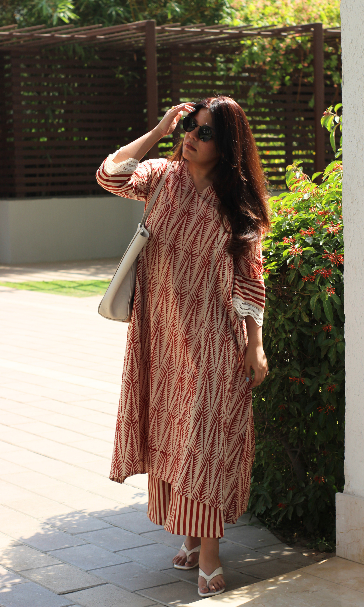 Baareeki Cotton Handblock Red Leafline A line , Laced Sleeve Kurta with Pants