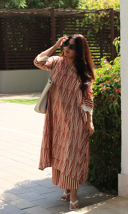 Baareeki Cotton Handblock Red Leafline A line , Laced Sleeve Kurta with Pants