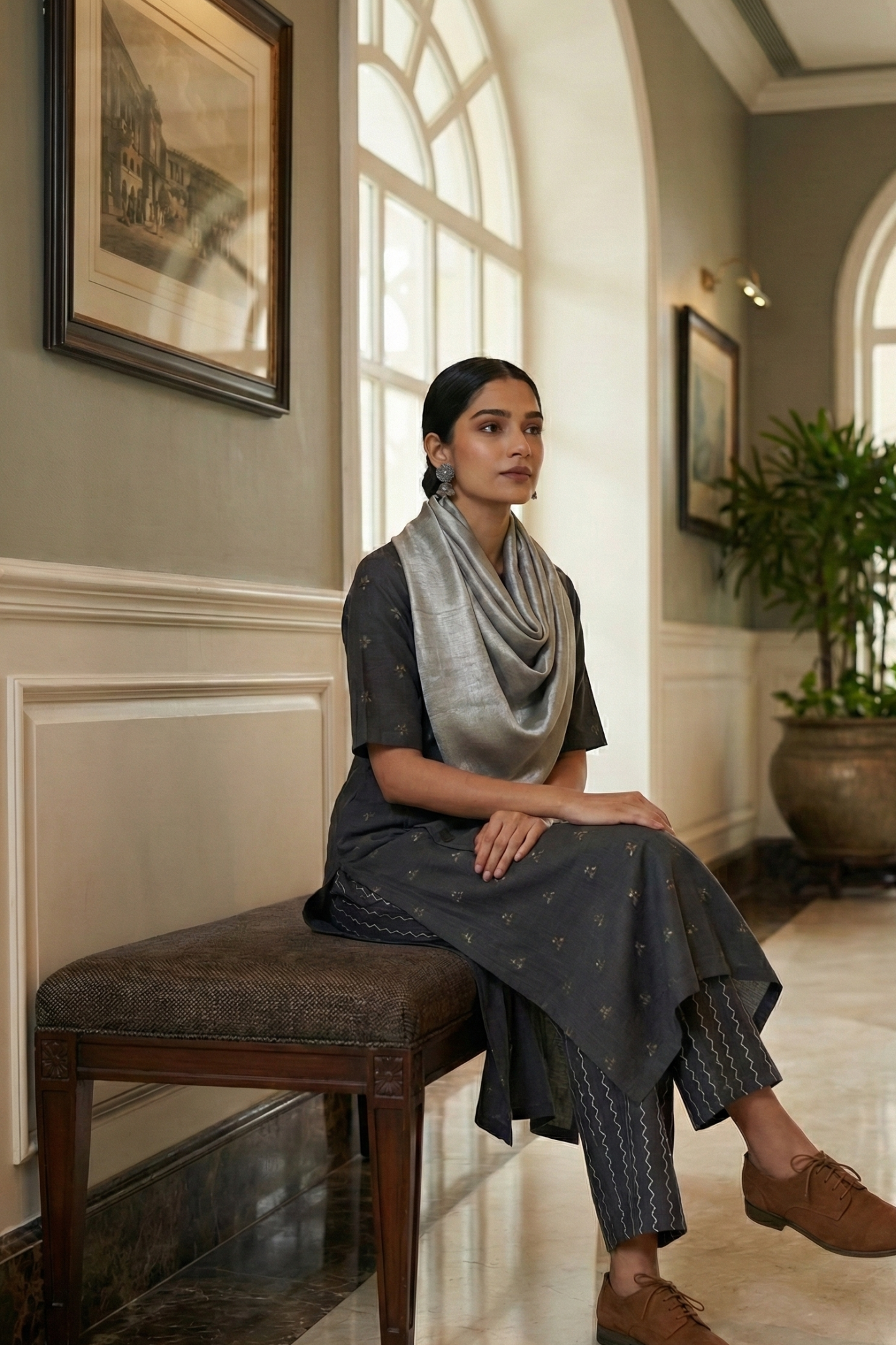 Maati Co-Ord Set Slate Triangle Weave Cotton Side Button Adjustable Slit Kurta & Pants