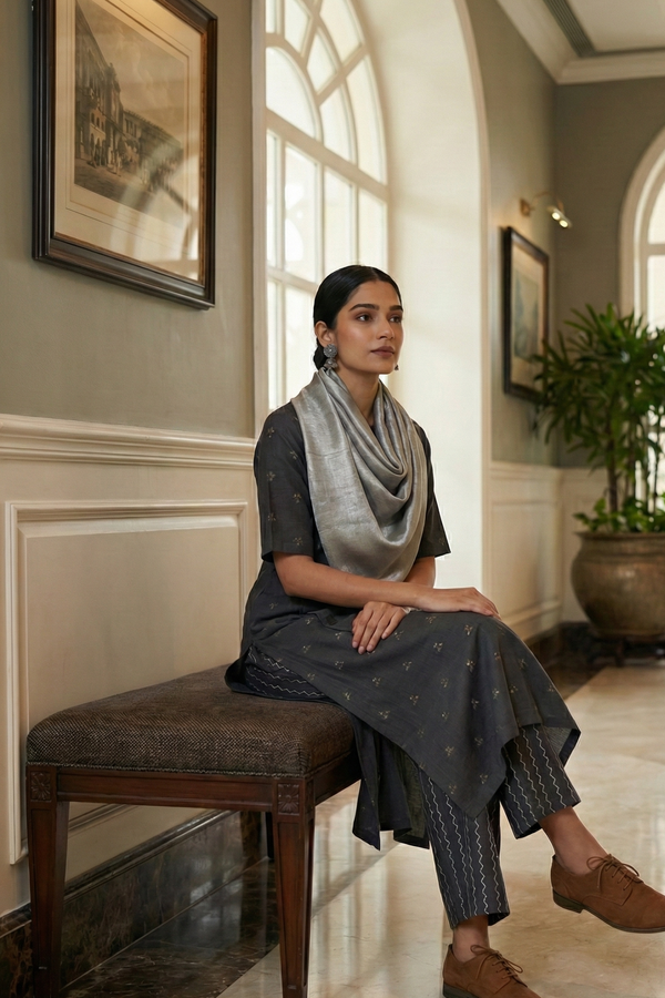 Maati Co-Ord Set Slate Triangle Weave Cotton Side Button Adjustable Slit Kurta & Pants