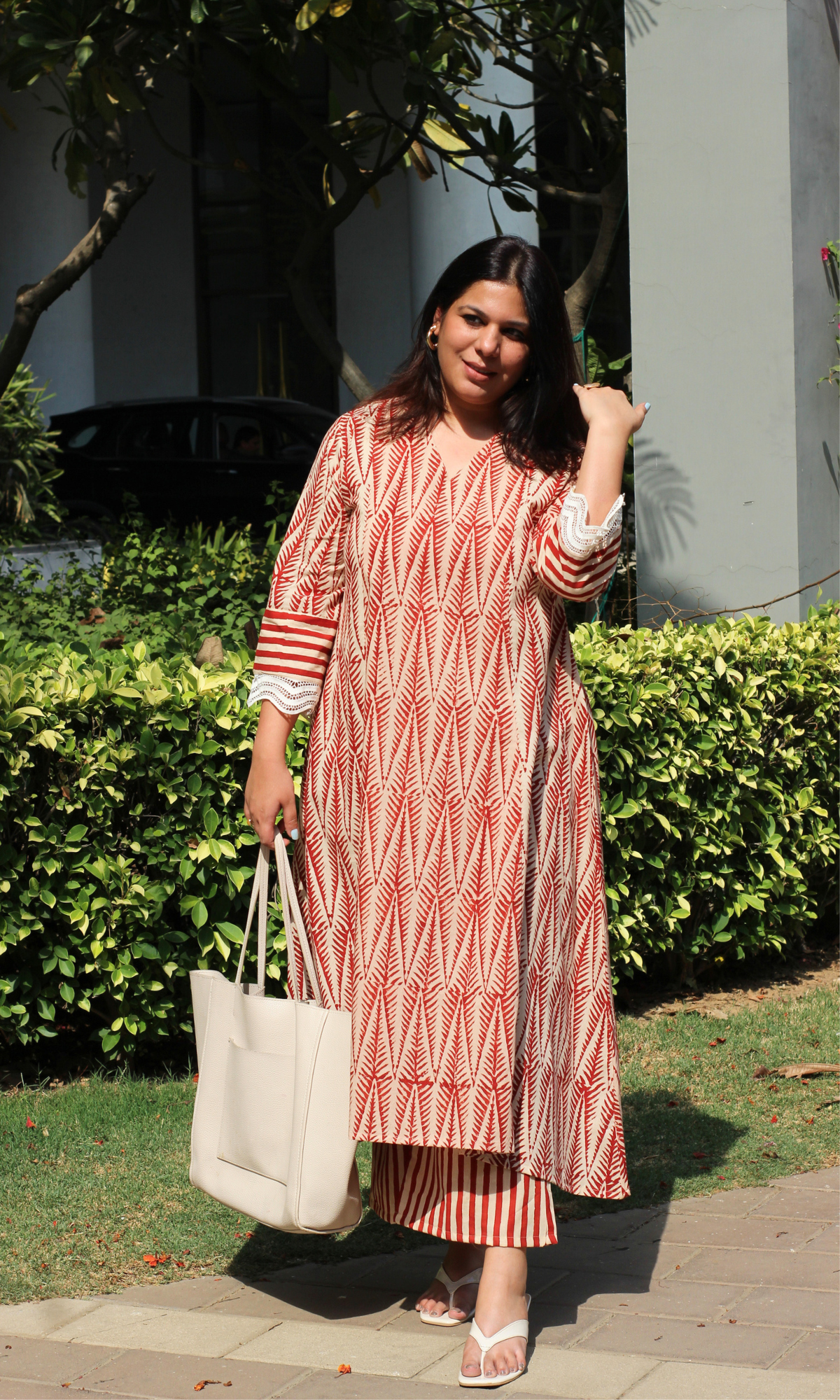 Baareeki Cotton Handblock Red Leafline A line , Laced Sleeve Kurta with Pants