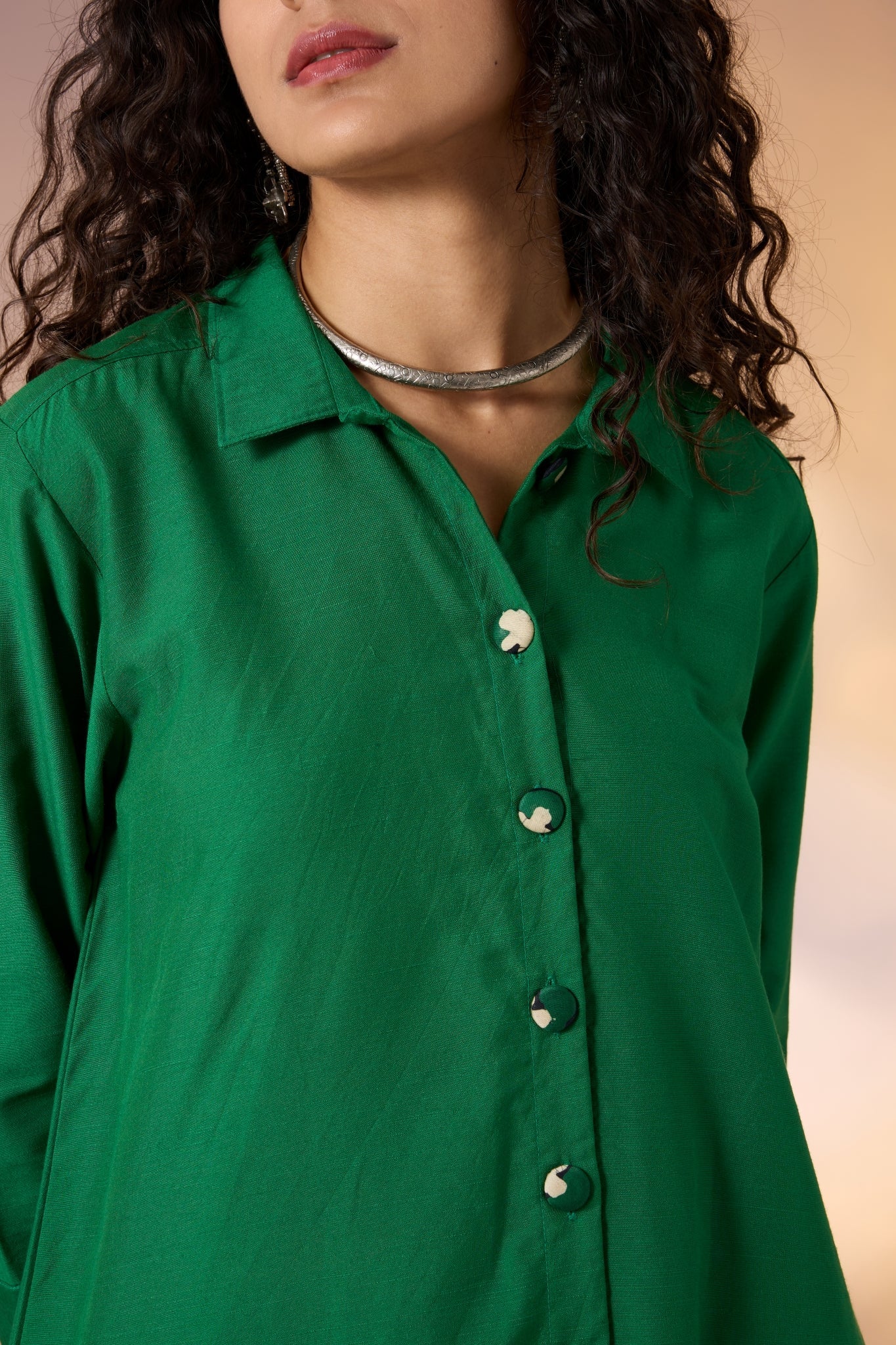Maati Craft Parakeet Tint Silk Slub Long Shirt Dress