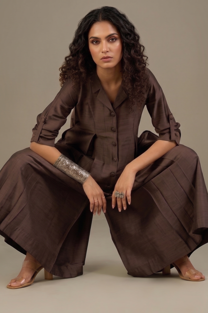Coffee Bean Silk Slub Jumpsuit With Pockets & Collar Mc