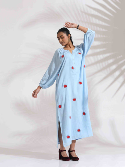 trueBrowns Blue Cotton Embroidered Dress