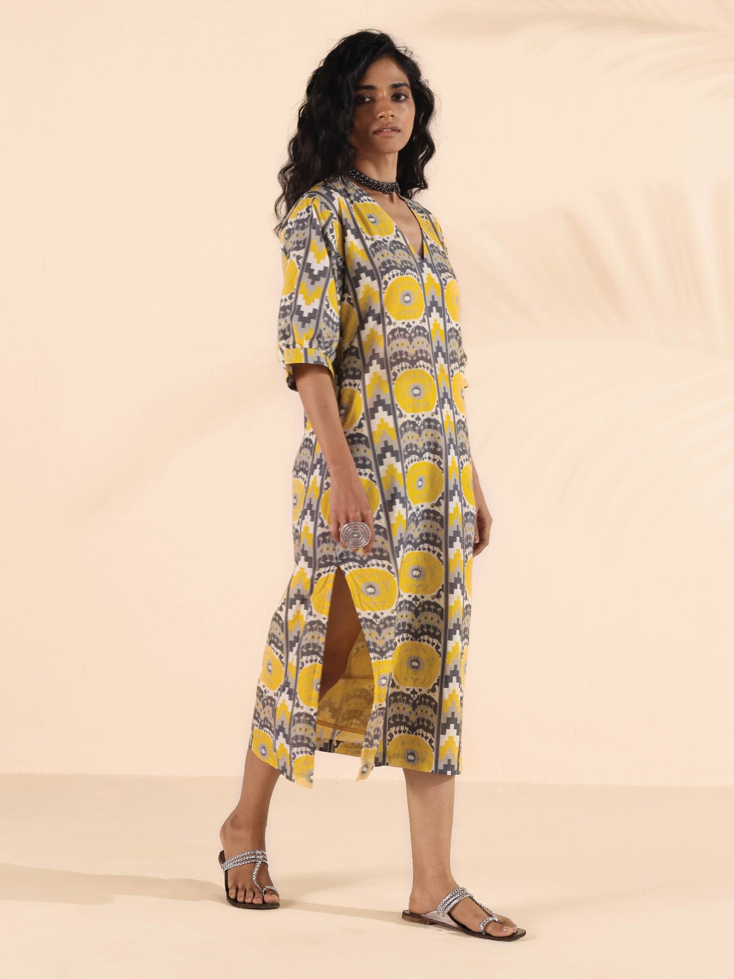 trueBrowns Yellow Cotton Ikat Slit Dress