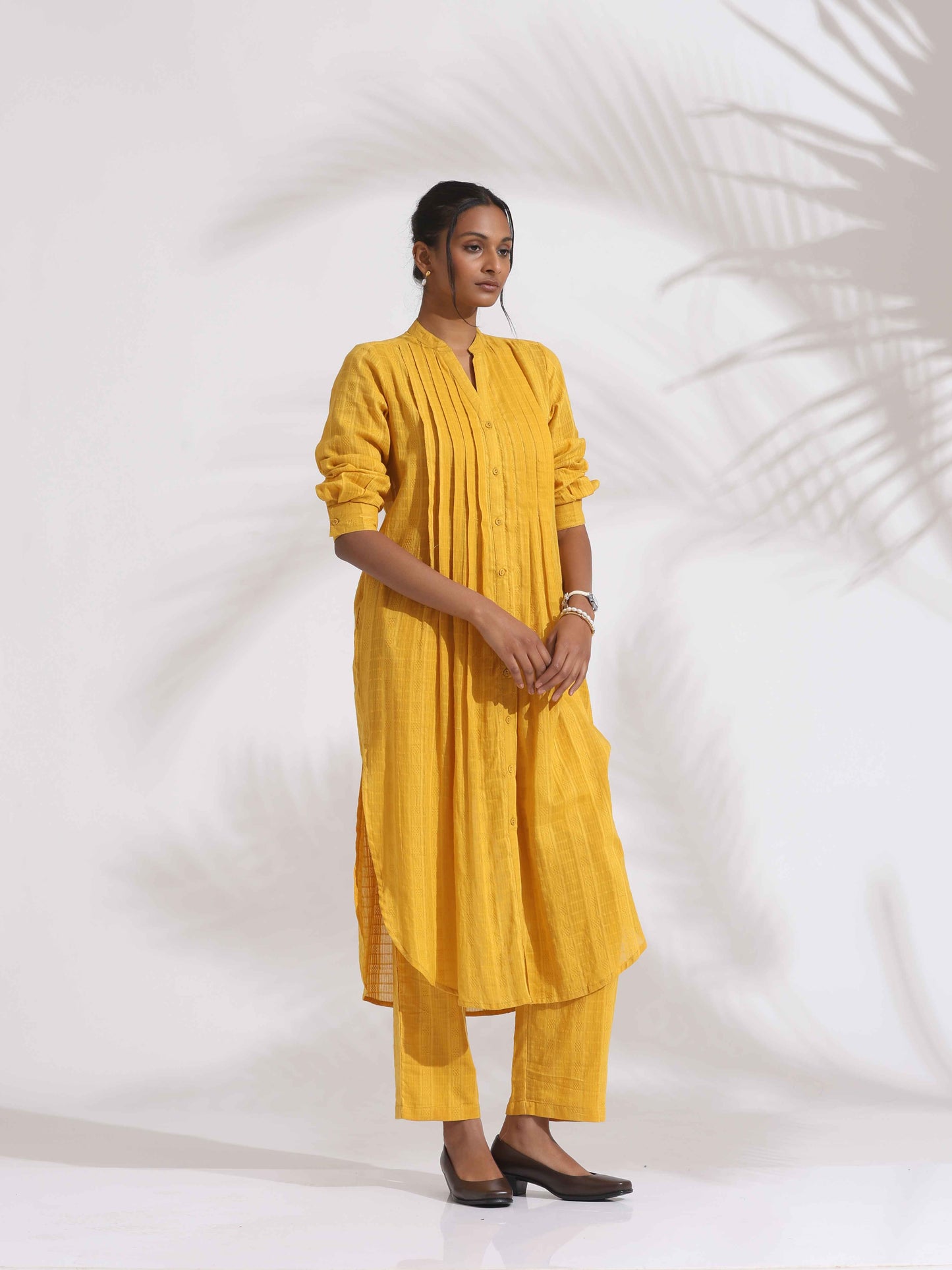 trueBrowns Yellow Cotton Pleated Shirt Kurta Set