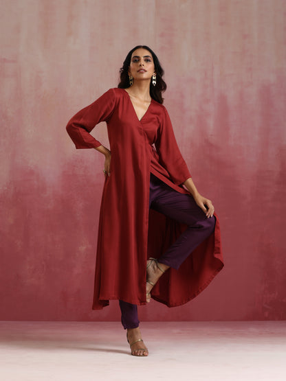 trueBrowns Maroon Modal Angrakha Kurta Set