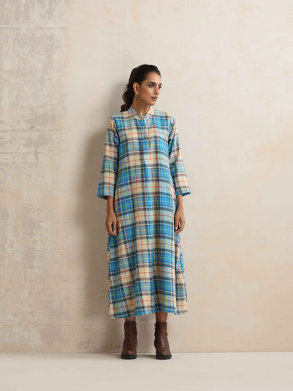 trueBrowns Beige Check Flared Winter Dress