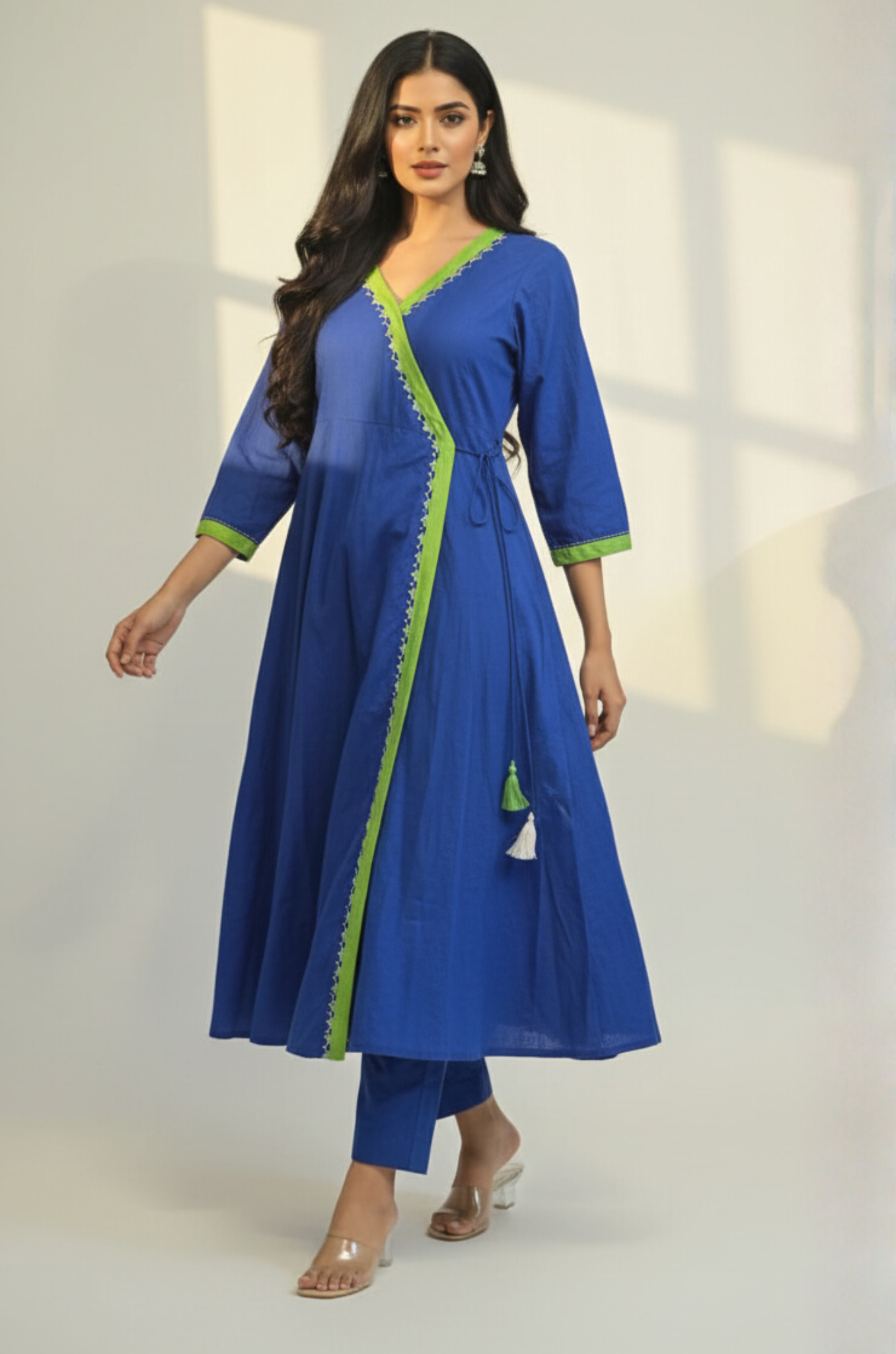 Maati  Lime Lagoon Tie-Up Cotton Angrakha Kurta