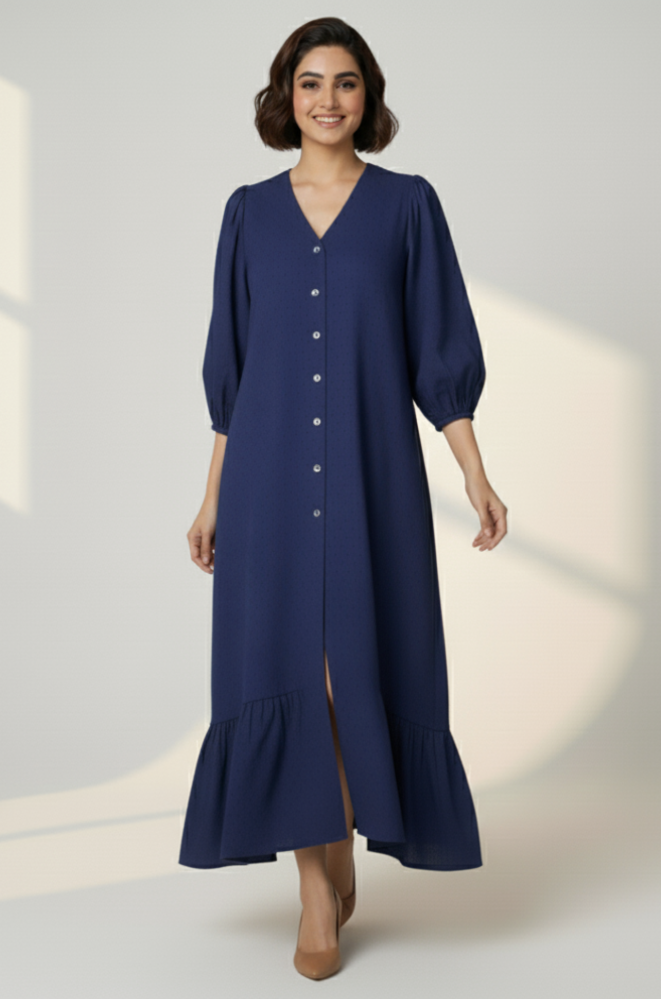 Maati  Cosmic Violet Front Button Cotton Dress With Ruffle Border