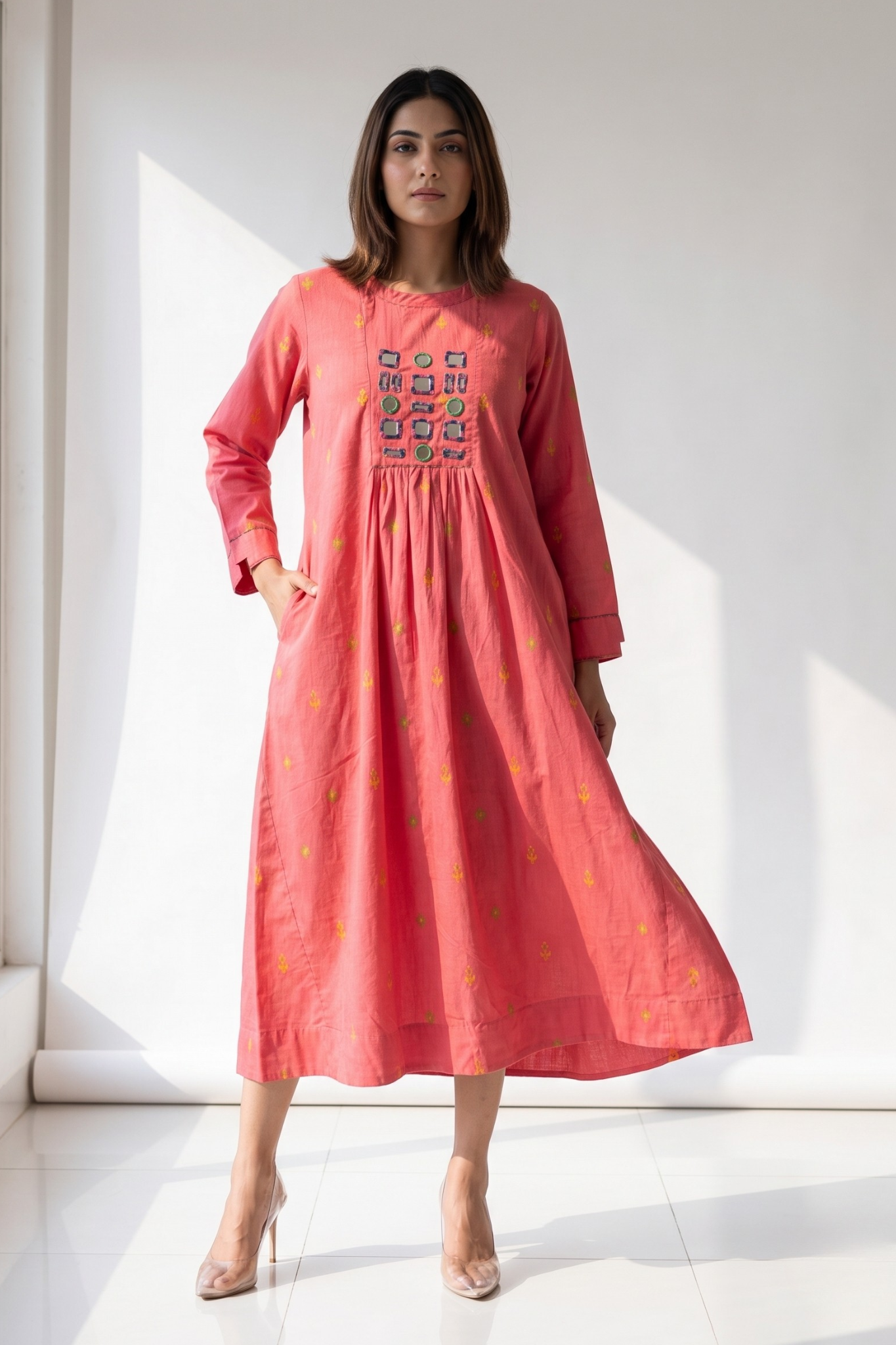Pink Jewel Butti Zen Yoke Gather Cotton Kurta Top