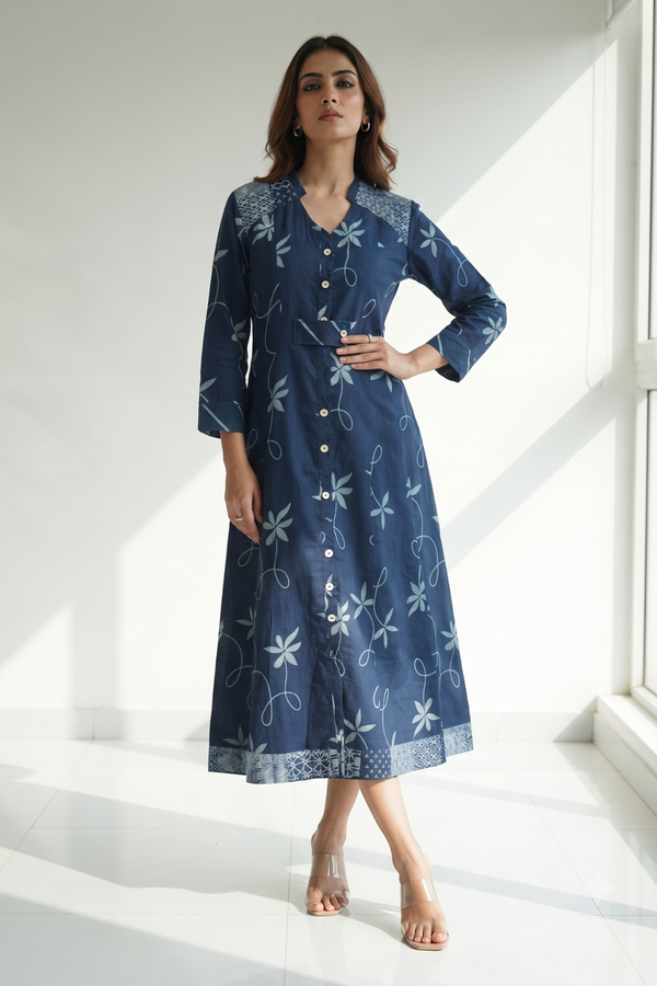 Indigo Vine Trail Cotton Long Button Down Dress
