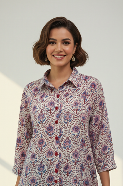 Maati  Floral Symphony Handblock Printed Everyday Cotton Shirt