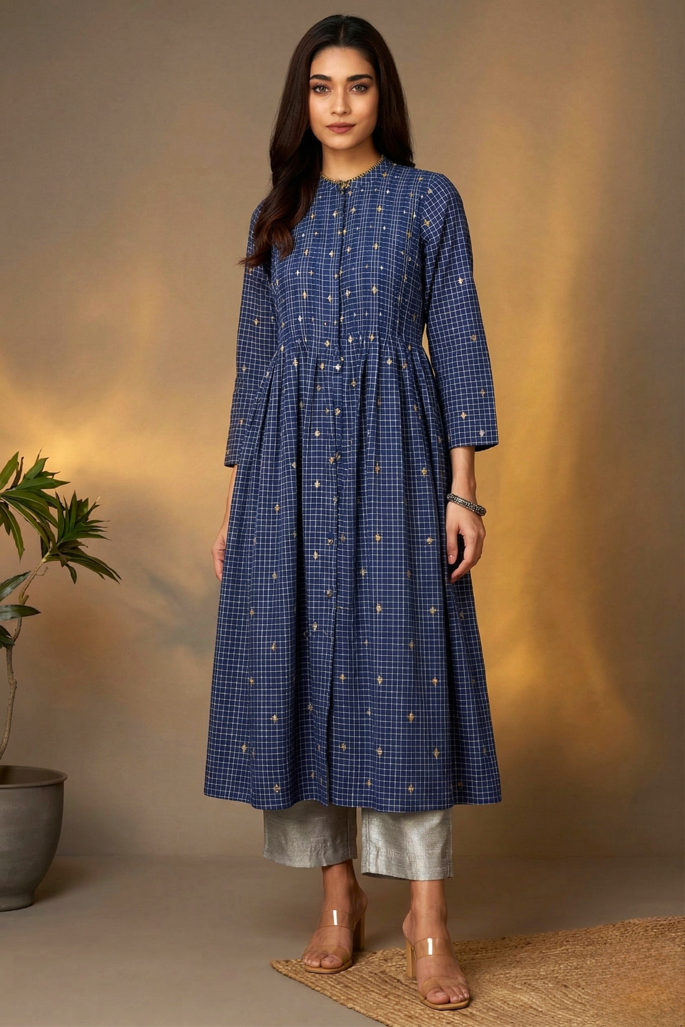 Moroccan Blue Butti Checks Cotton Infinity Pintuck Dress Mc